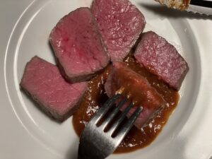 Akaushi lean Wagyu steak with Japanese-style sauce at a Tokyo restaurant 