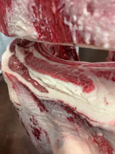 Cross-section of A5 Wagyu beef showing heavy marbling and fat distribution on the bone