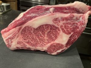 Despite its marbled appearance, this ribeye is from Kumamoto’s Akaushi – a lean Wagyu prized for its clean finish and depth of flavor.